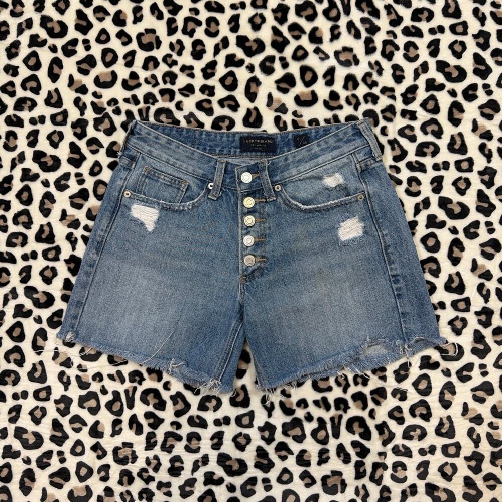 Lucky Brand Medium Wash Distressed Button Fly Boyfriend Denim Shorts Size 25